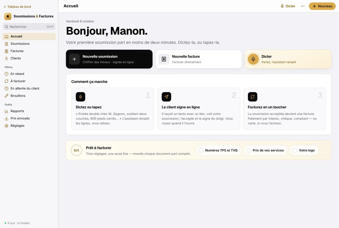 L’accueil de l’application Soumissions et factures : nouvelle soumission, nouvelle facture, dicter