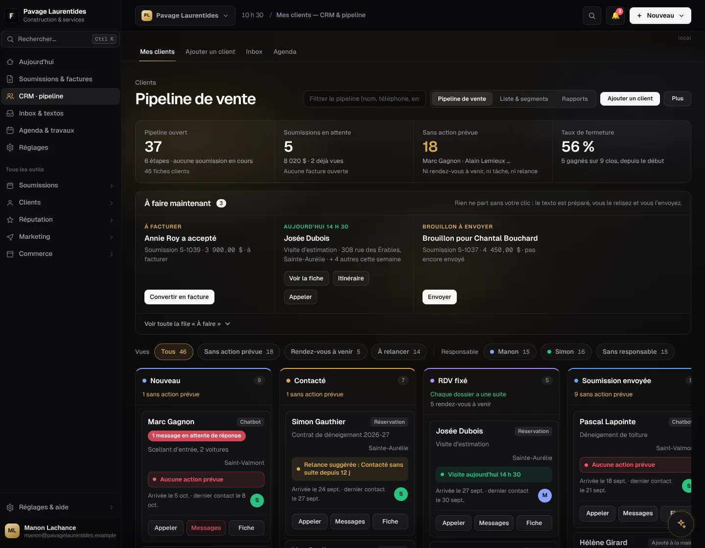 Le pipeline de vente d’un entrepreneur dans le tableau de bord