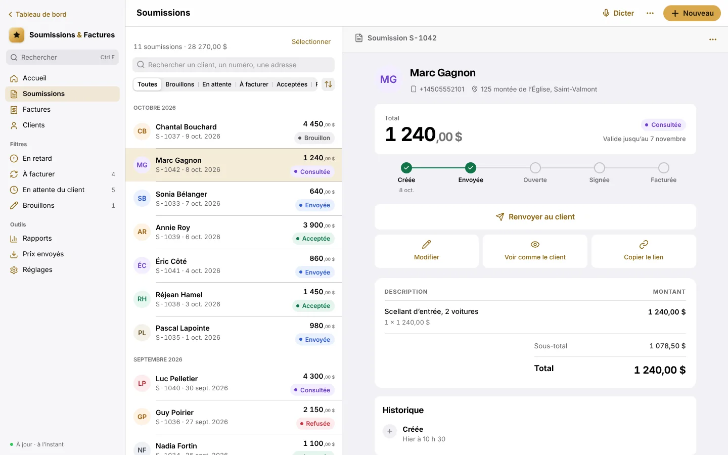 Une soumission dans l’application Soumissions et factures : le total, les étapes et l’historique